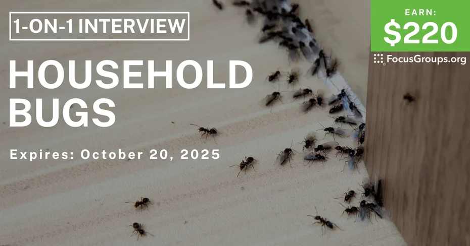 Graphic promoting Research Study in NYC on Household Bugs, $220 payout, happening October 20, 2025