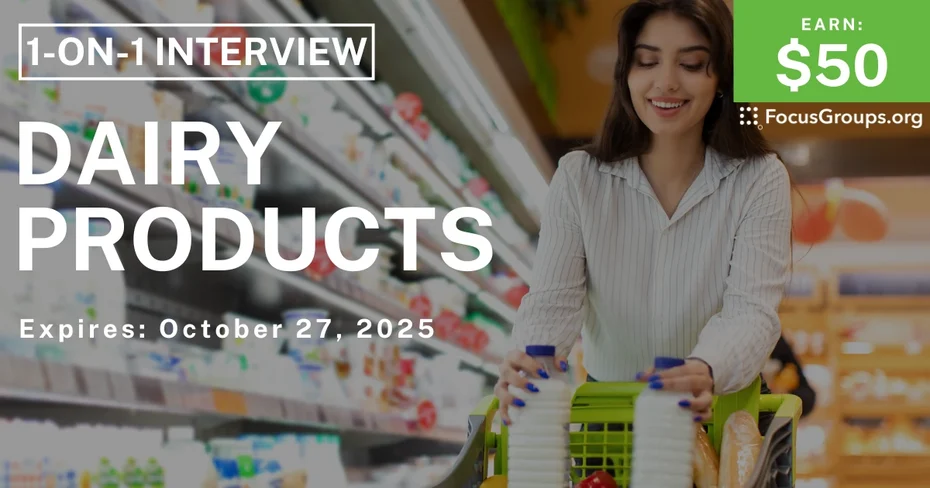 Graphic promoting Research Study on Dairy Products, $50 payout, happening October 28, 2025